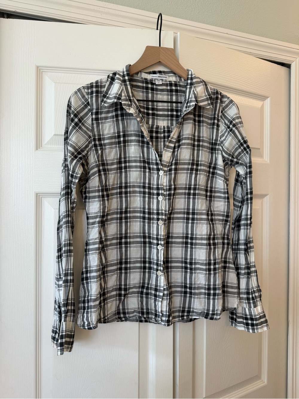 James Perse Women's Black & White Plaid Button-Down Shirt Size 2 | Casual Cotton